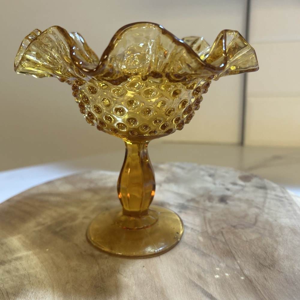 Vintage Amber Fenton‎ Hobnail Footed Compote with Ruffled Edge